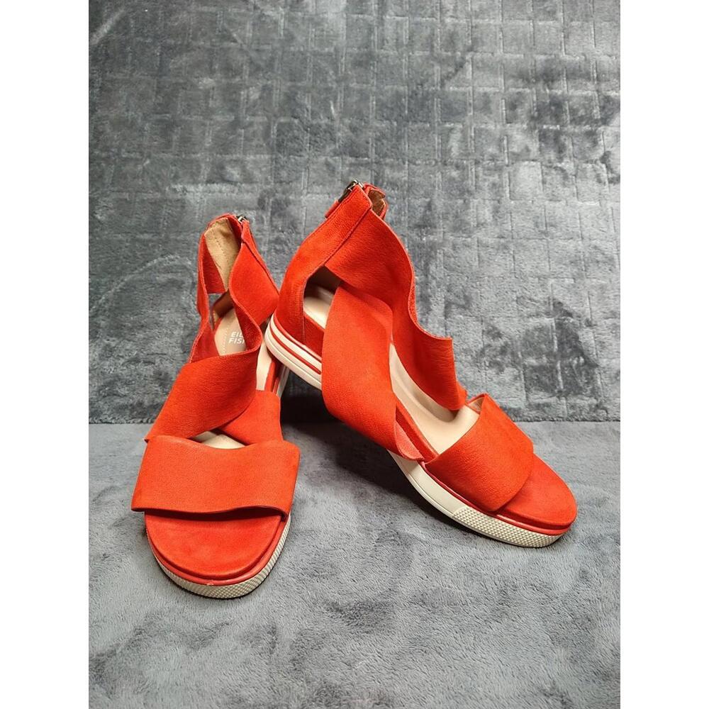 Eileen Fisher Women's 7 Nubuck Leather Flat Platform Sandals Red/Burnt Orange